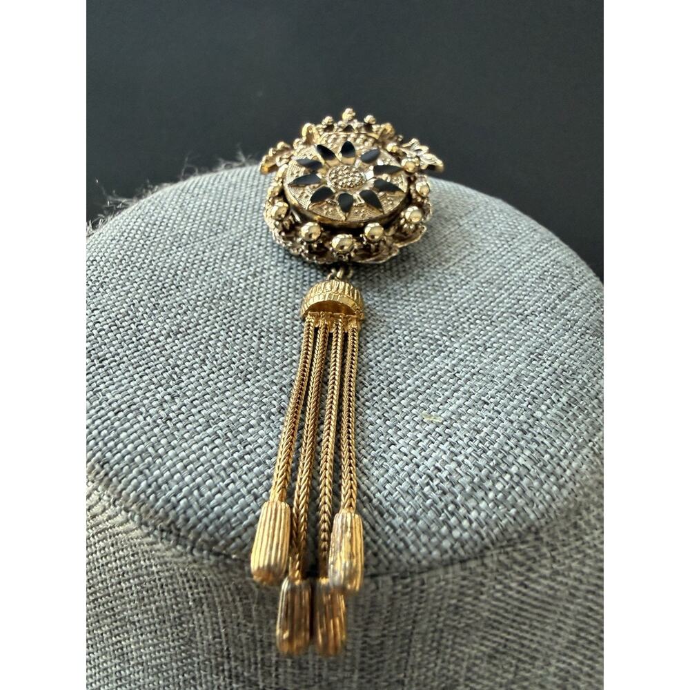 Vintage Sphinx Numbered Brooch Gold Tone Tassel Mourning Pin Victorian Revival